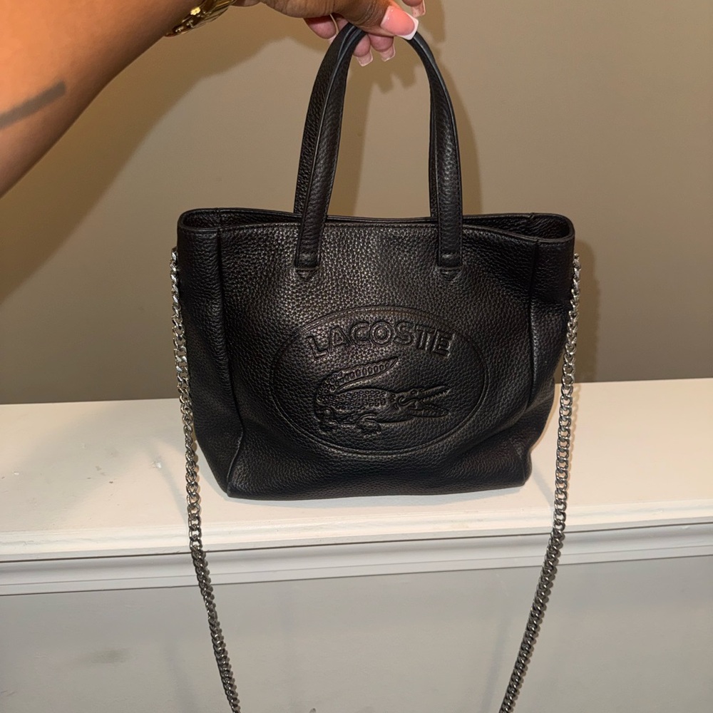 Lacoste Black Leather Tote with Chain Strap